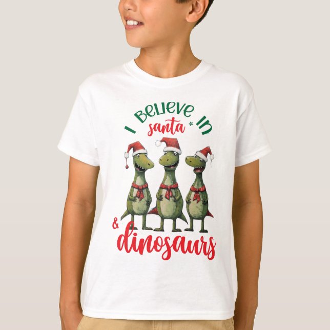 T-shirt Noël mignon Je crois en Père Noël et les dinosaure (Devant)