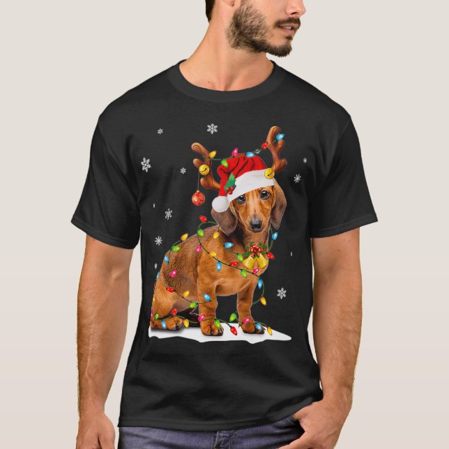 T-shirt Noël Mignonne Dashund Avec Les Lumières De Noël (Devant)