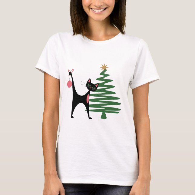 T-shirt Noël Moderne du Milieu du Siècle 1950 Chat Atomiqu (Devant)