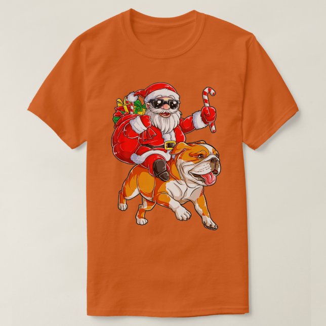 T-shirt Noël Père Noël équitation anglais Bulldog Noël (Design devant)