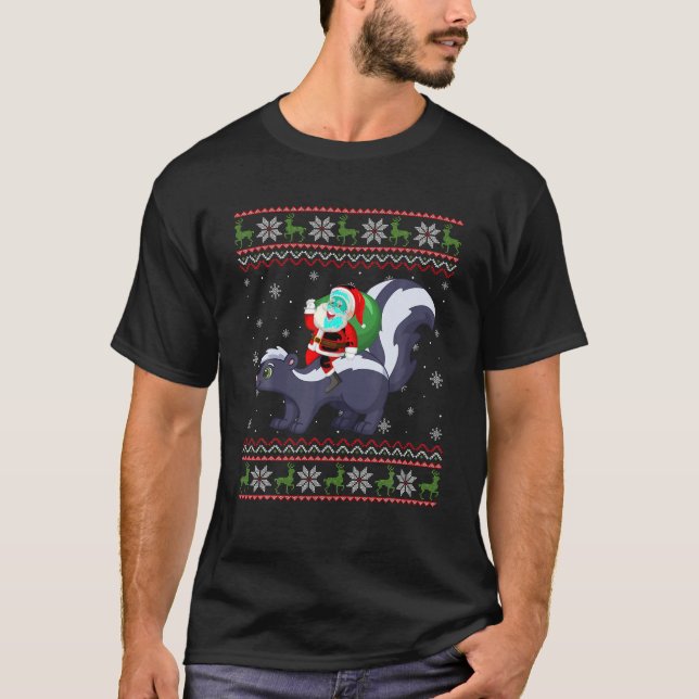 T-shirt Noël Père Noël équitation Skunk Drôle moche Xmas S (Devant)