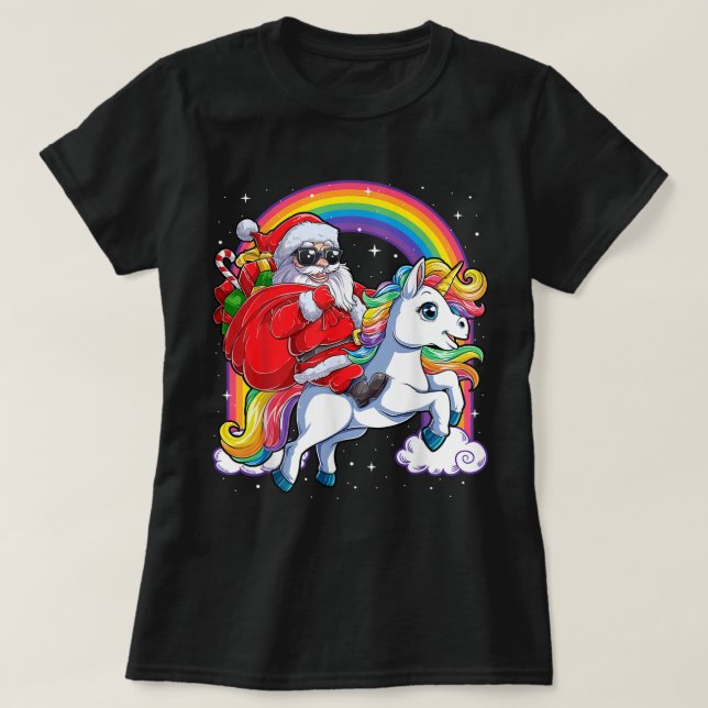 T-shirt Noël Père Noël équitation Unicorne Xmas filles fem (Design devant)