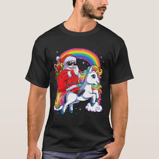 T-shirt Noël Père Noël équitation Unicorne Xmas filles fem (Devant)