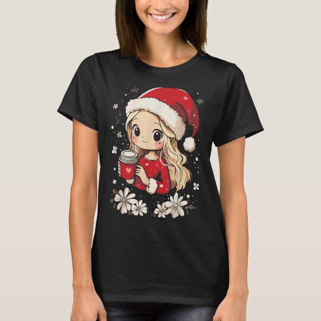 T-shirt Noël Père Noël Fille Fleur de café Enfants Père No (Devant)