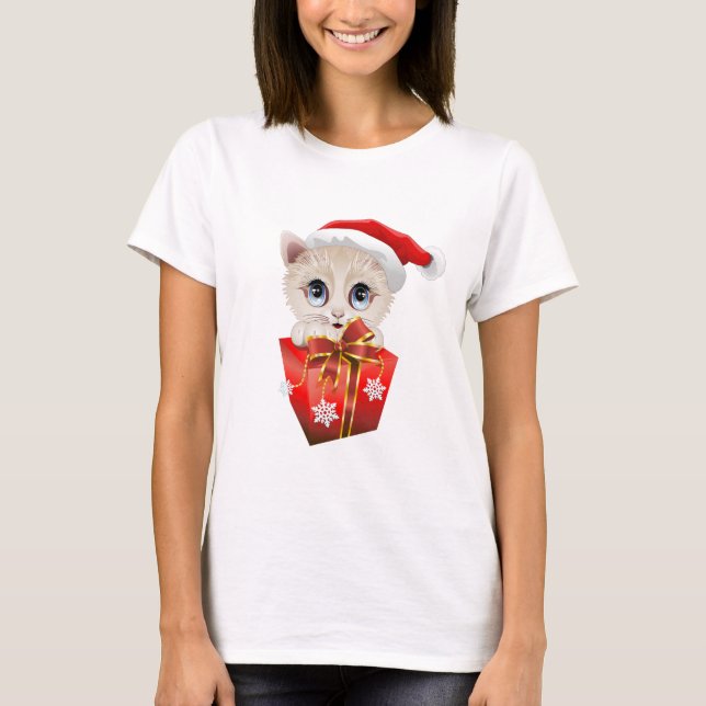 T-shirt Noël Père Noël Kitten avec cadeau (Devant)