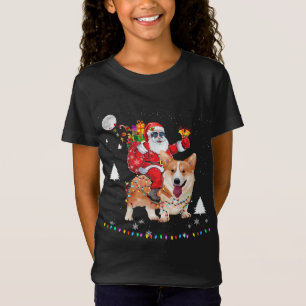 T-Shirt Noël Santa Claus équitation Corgi Chien illuminer