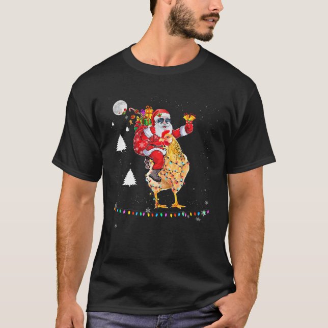 T-shirt Noël Santa Claus équitation poulets Lumières Noël  (Devant)
