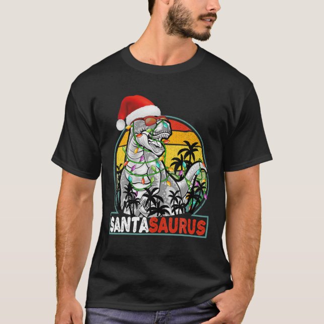 T-shirt Noël Santasaurus Dinosaur Rex Xmas Lumières Hommes (Devant)