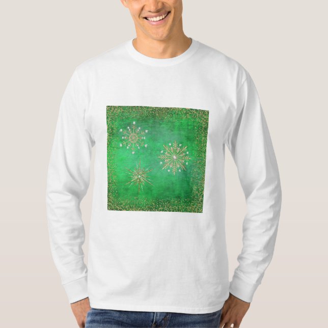 T-shirt Noël Snowflakes Parties scintillant verte et or (Devant)