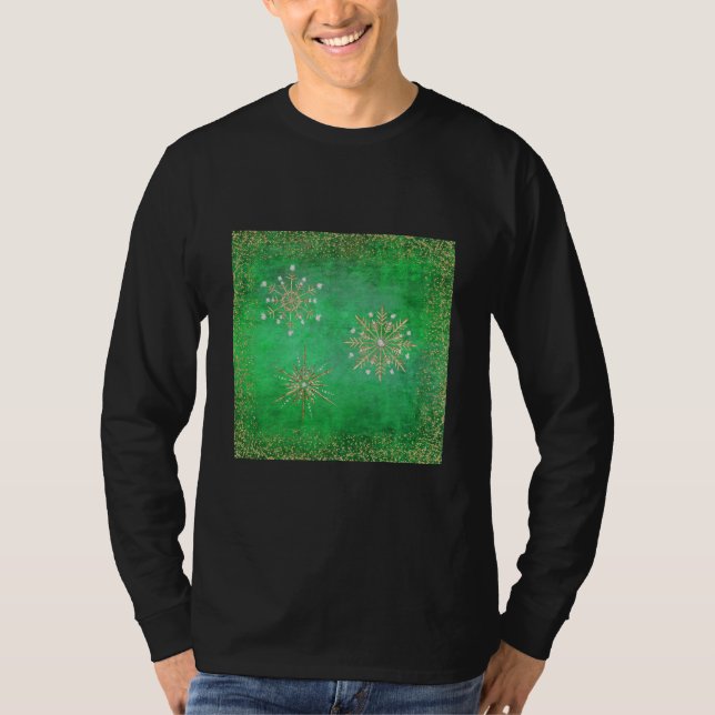 T-shirt Noël Snowflakes Parties scintillant verte et or (Devant)