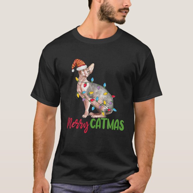 T-shirt Noël Sphynx Chat Paw Cute Xmas Lumières Arbre Paj (Devant)