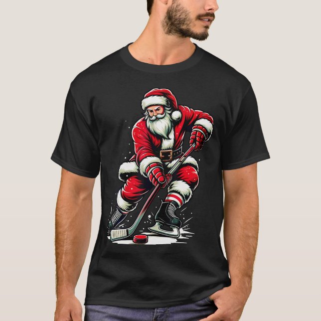 T-shirt Noël Sport Père Noël Joue de hockey sur glace Xmas (Devant)