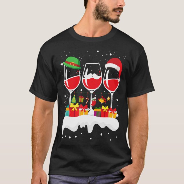 T-shirt Noël Trois Verre De Vin Rouge Xmas Père Noël ELF (Devant)