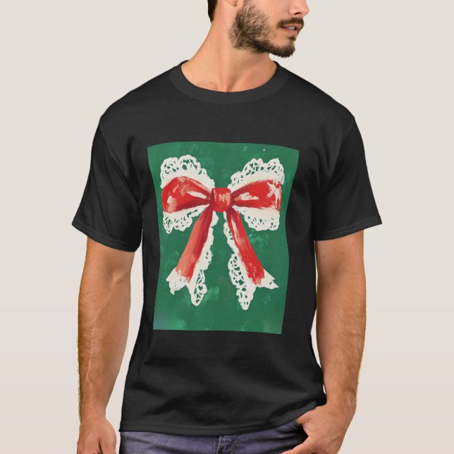 T-shirt Noël Vert Rouge et blanc Coquette Design Bow (Devant)