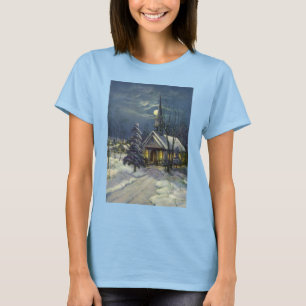 T-shirt Noël Vintage, Église d'hiver en Neige avec Lune