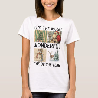 T-shirt Noël Vintage Santa Bonhomme de Neige Arbre Renne A