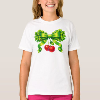 T-shirt Nœud de trèfle chanceux avec cerises motif vert