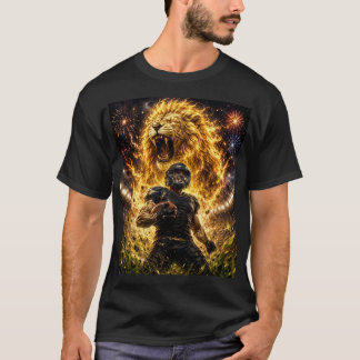 t-shirt noir à demi-manches avec motif de lion