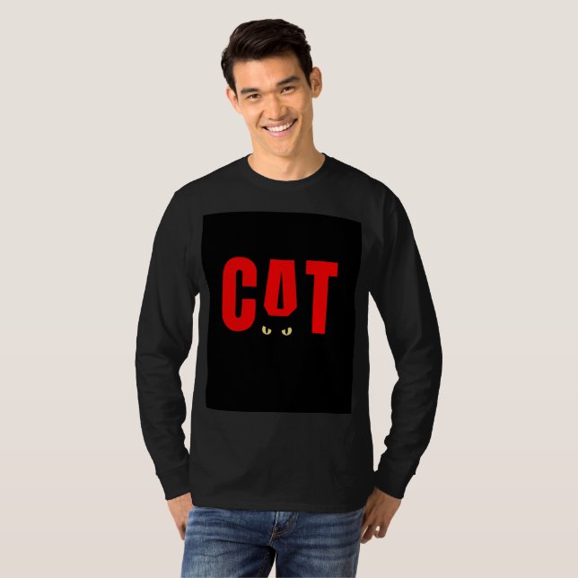 T-shirt noir à manches longues avec motif de chat (Devant entier)