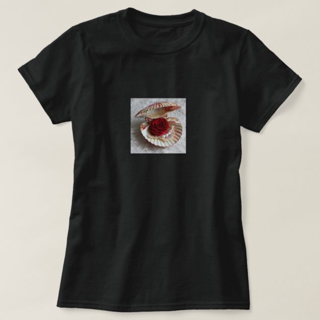 T-Shirt Noir avec Coquillage Ouvert, Rose & Élépha (Design devant)