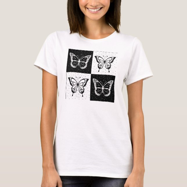 T-shirt Noir blanc À damiers conception papillon (Devant)
