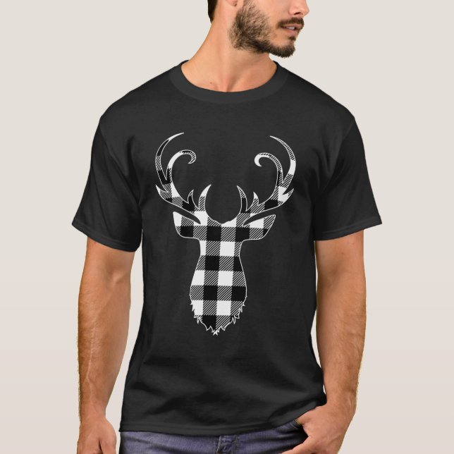 T-shirt Noir blanc classique Buffalo Plaid Deer H (Devant)