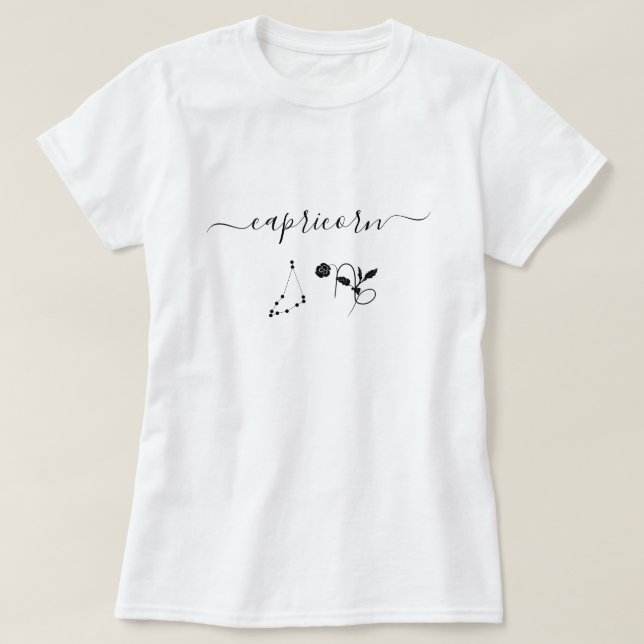 T-shirt Noir Capricorne signe zodiaque floral Nom minimali (Design devant)