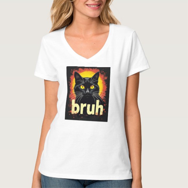 T-shirt Noir Chat Bruh Mème - Drôle Chat (Devant)