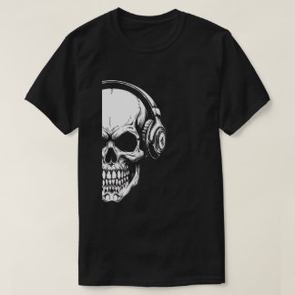 T-Shirt Noir Crâne en Niveaux de Gris avec Écouteu