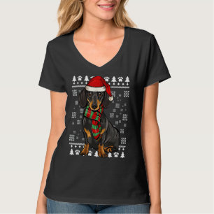 T-shirt Noir Dachshund Chien Santa Hat Noël moche Noël