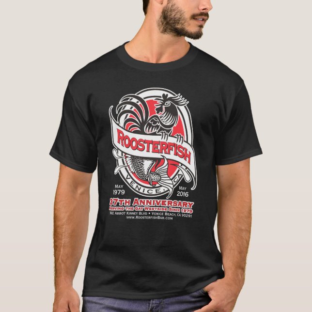 T-shirt noir d'anniversaire de Roosterfish (Devant)