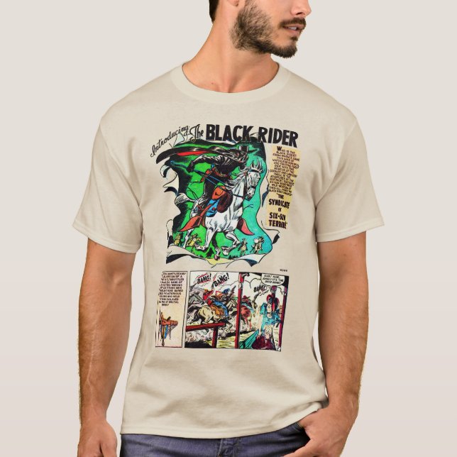 T-shirt noir de bande dessinée rétro Rider (Devant)