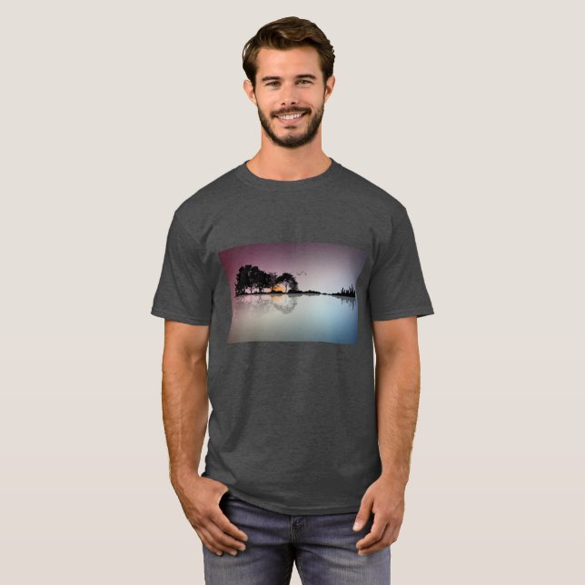 T-shirt noir de gris de réflexion de l'eau de (Devant entier)
