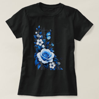 T-shirt noir élégant à motif floral de rose bleue 