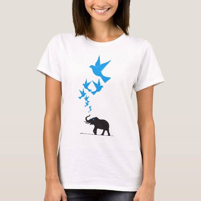 T-shirt Noir Elephant Bleu Oiseaux Concept Design (Devant)