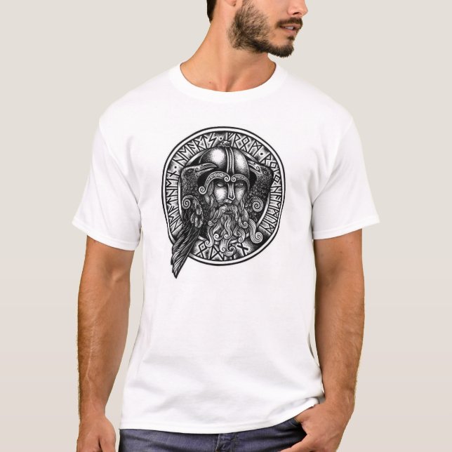 T-shirt noir et blanc de bouclier d'Odin Rune (Devant)