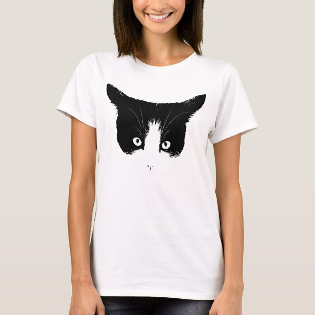 T-shirt noir et blanc de visage de chat (Devant)