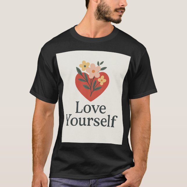 T-shirt noir "Love Yourself" avec motif cœur et fl (Devant)
