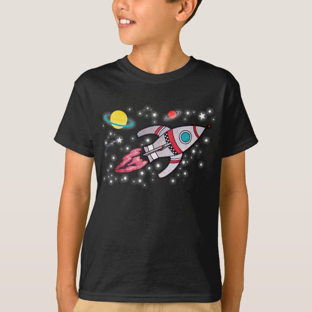 T-shirt noir pour les garçons de l'espace-fusées (Devant)