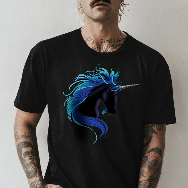 T-shirt Noir Unicorne Bleu argent (Créateur téléchargé)