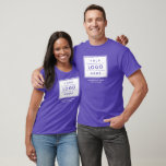 T-shirt Nom commercial personnalisé et logo<br><div class="desc">La chemise violette personnalisée présente le logo professionnel de votre entreprise, ainsi que le libellé de votre nom d'entreprise, slogan, site Web, emplacement ou d'autres informations pouvant être personnalisées. Ajoutez simplement le logo de votre entreprise à l'espace d'image de l'espace d'espace réservé rond blanc, et remplissez le texte de votre...</div>