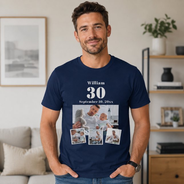 T-shirt Nom d'anniversaire âge collage photo bleu (Créateur téléchargé)