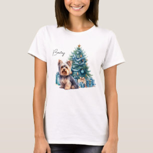 T-shirt Nom de chien personnalisé Yorkie avec arbre de Noë