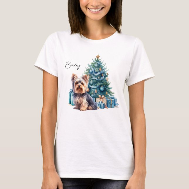 T-shirt Nom de chien personnalisé Yorkie avec arbre de Noë (Devant)