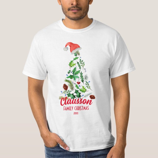 T-shirt Nom de famille personnalisé Arbre de Noël Père Noë (Devant)