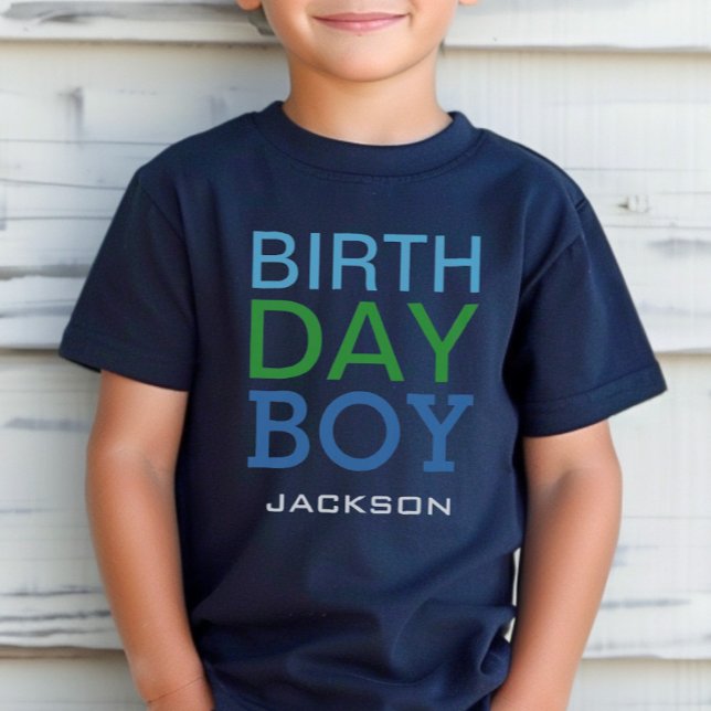 T-shirt Nom de garçon d'anniversaire bleu et vert gras (Créateur téléchargé)