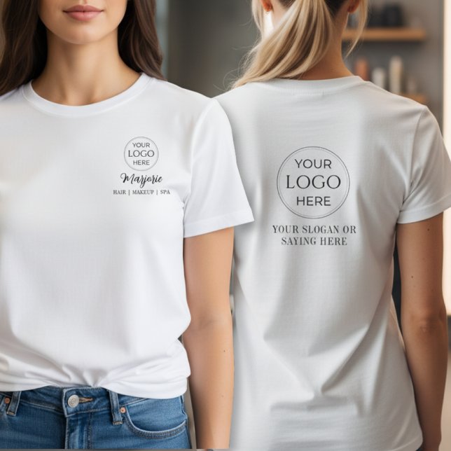 T-shirt Nom de l'employé en écriture noire Logo de l'entre (custom modern black script employee name business logo makeup hair salon tshirt)