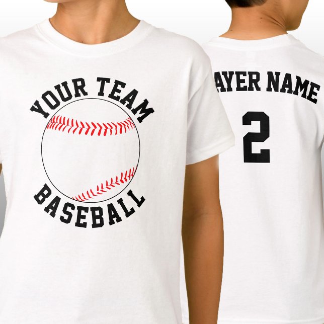 T-shirt Nom de l'équipe de baseball personnalisée, Joueur  (Custom baseball team shirts with personalized team name, player name and player jersey number.)