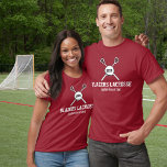 T-shirt Nom de l'équipe du Lacrosse Stick and Ball Custom<br><div class="desc">Montrez à votre équipe la fierté de ce design de crosse personnalisé avec des bâtons de crosse croisés et une balle. Ajoutez du texte personnalisé - nom de l'équipe, nom du joueur - et un numéro de maillot ou une année. Faites un cadeau parfait de fin de saison de l'équipe,...</div>