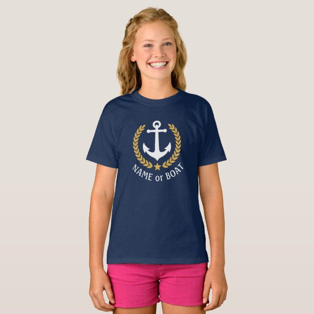 T-shirt Nom du bateau Ancre Gold Laurel Feuille Marine Gir (Devant entier)